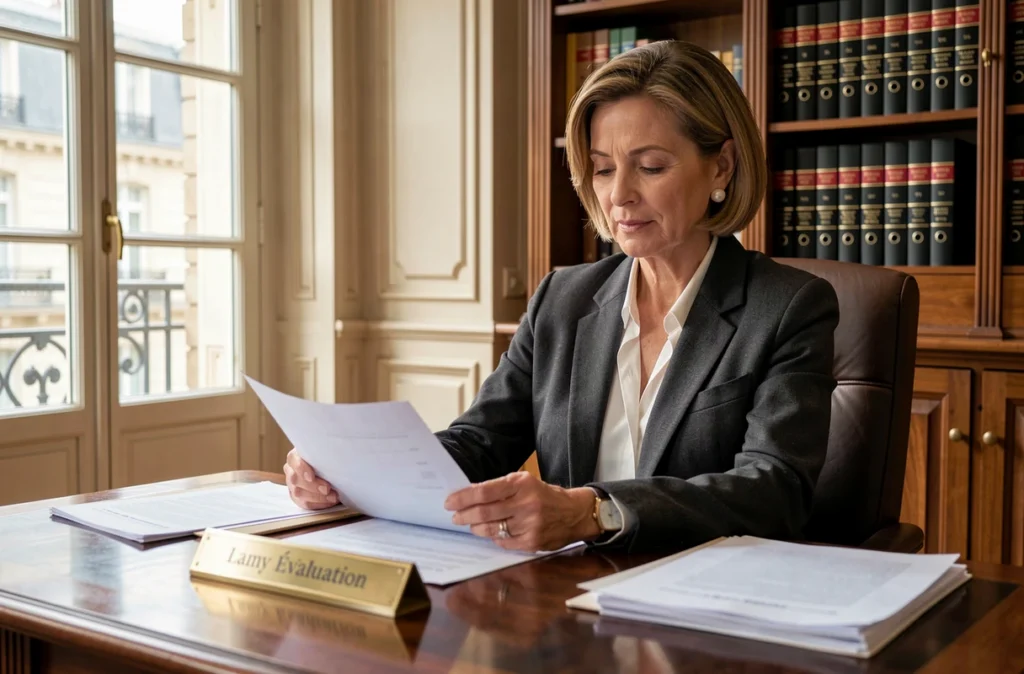 Consultante du Cabinet Lamy Évaluation examinant des rapports d'expertise immobilière dans un bureau parisien classique