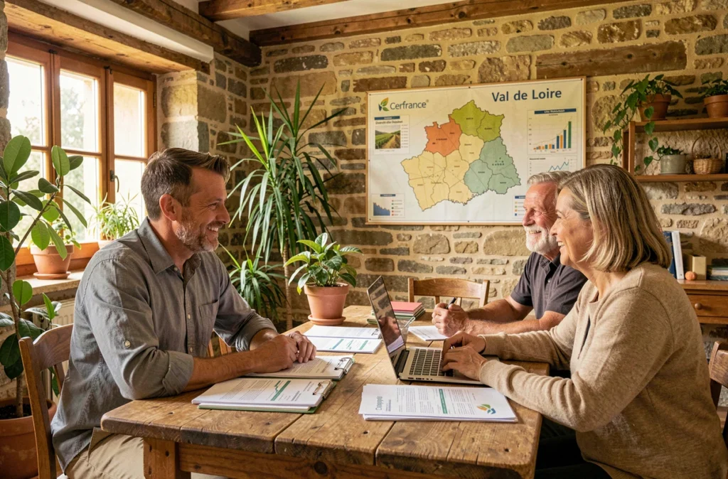 Comptable de Cerfrance Val de Loire en consultation avec des agriculteurs dans un bureau régional chaleureux