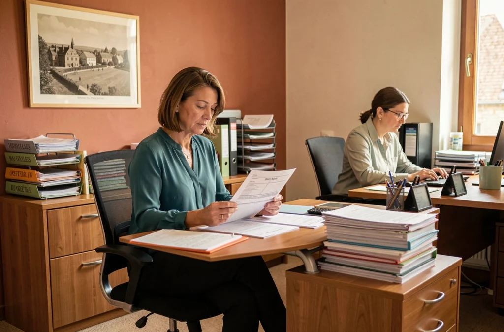 Comptable de Cogep Montargis analysant des relevés comptables dans un bureau régional bien organisé