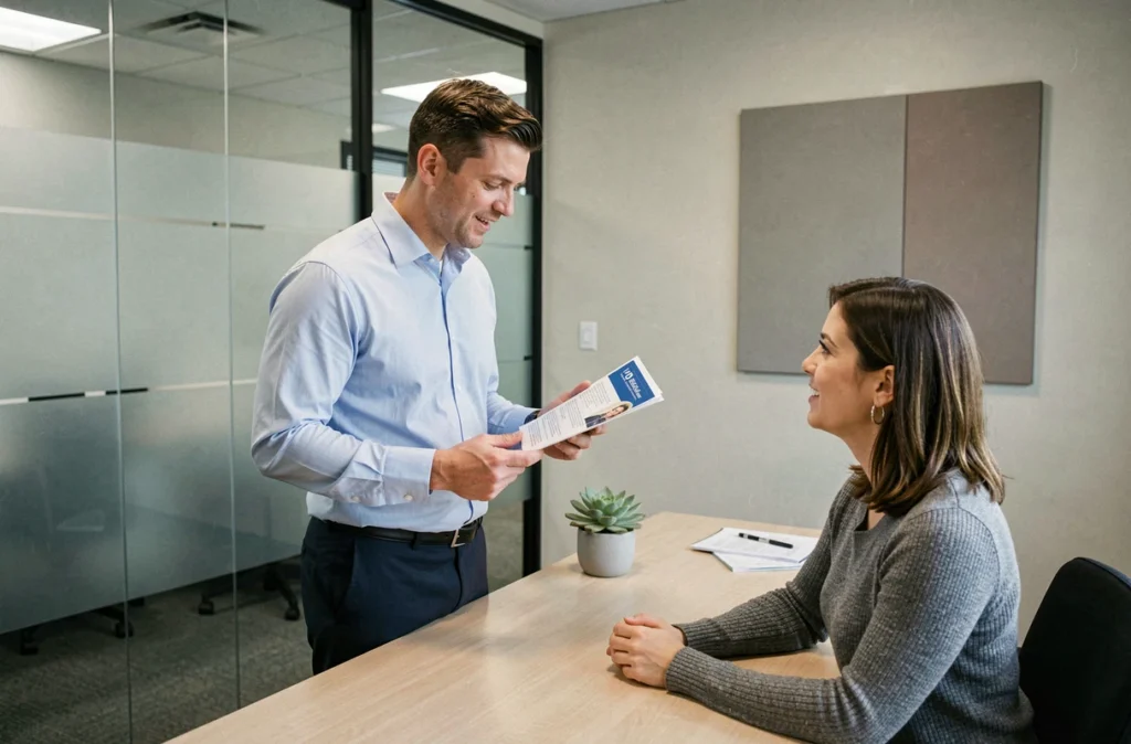 Conseiller en assurance présentant les avantages d'une mutuelle solidaire à une cliente dans un bureau professionnel