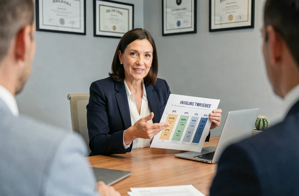 Conseillère en assurance expliquant la répartition des quotités d'assurance emprunteur à deux clients dans un bureau professionnel