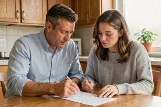 Couple de co-emprunteurs qui examine ensemble les documents d'assurance prêt immobilier à leur table de cuisine