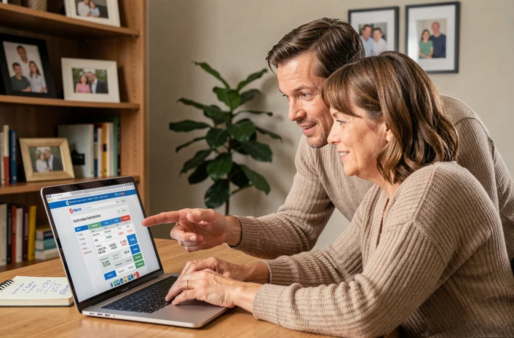 Couple consultant un comparateur de mutuelles familiales en ligne sur ordinateur portable