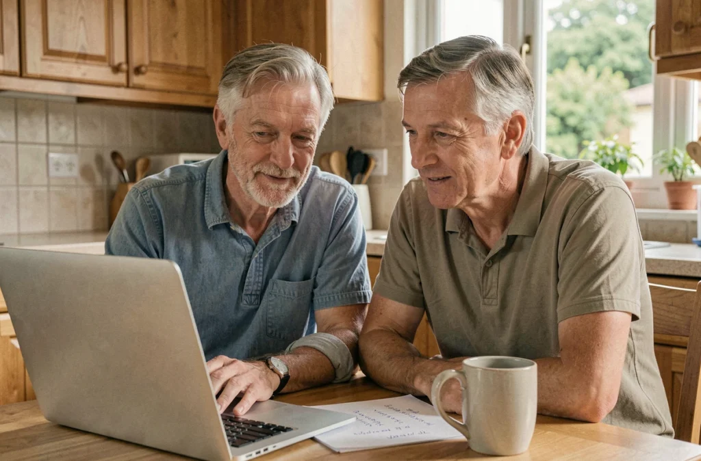 Couple à la maison consultant des options d'investissement SCPI sur ordinateur portable autour d'un café