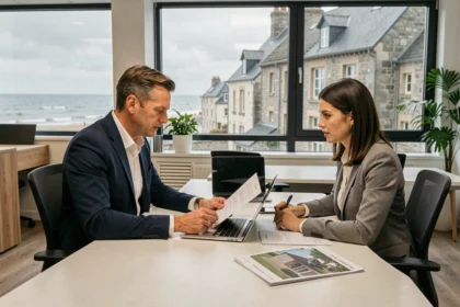 Un courtier immobilier et une cliente discutent de dossiers de prêt immobilier dans un bureau moderne avec vue sur une ville bretonne