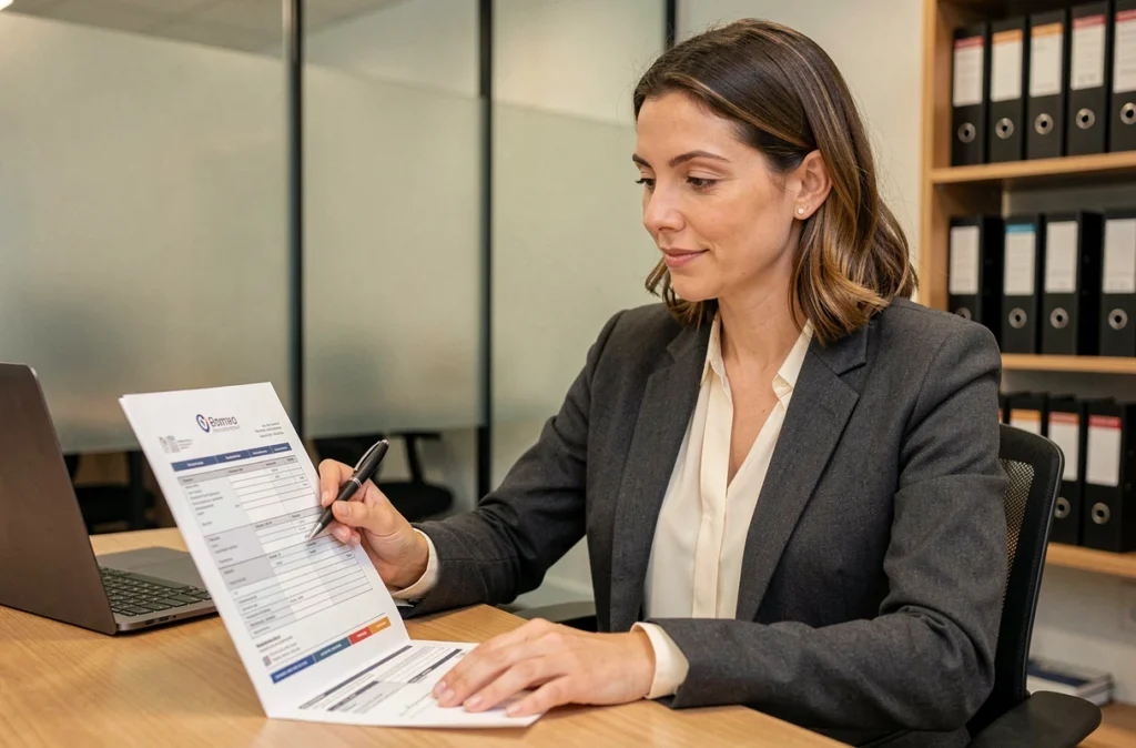 Courtière en assurance présentant un contrat de garantie décennale à un client
