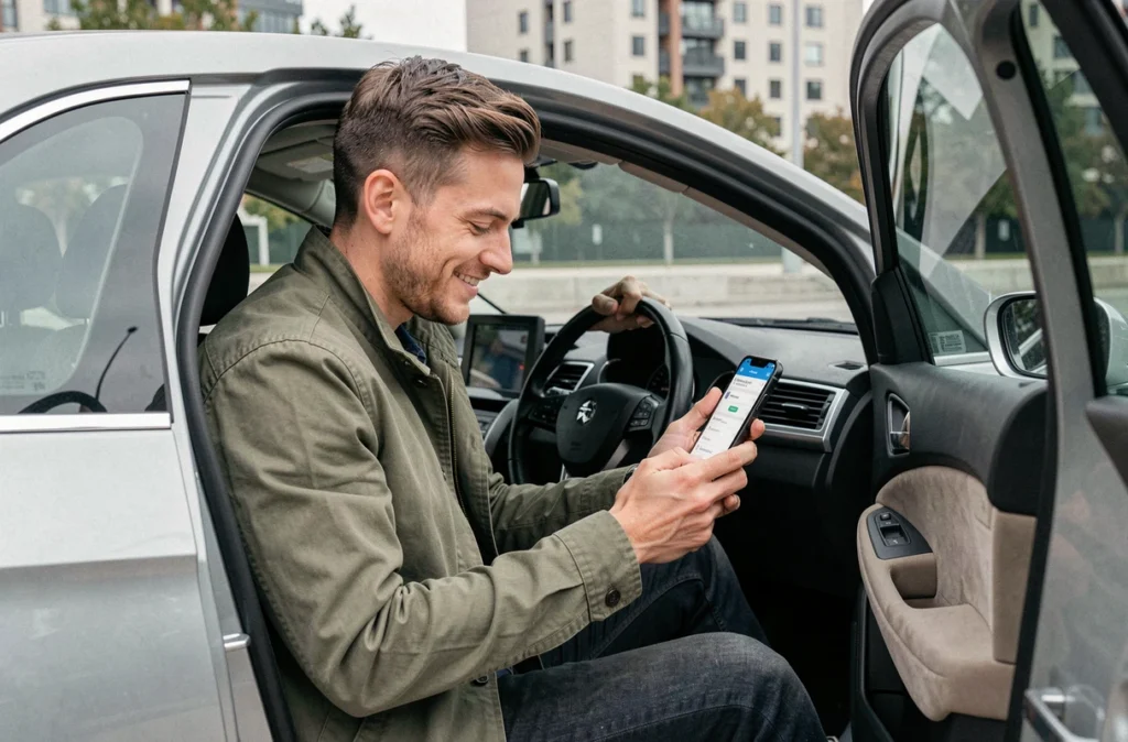 Homme assis dans sa voiture utilisant son smartphone pour effectuer des démarches auto en ligne
