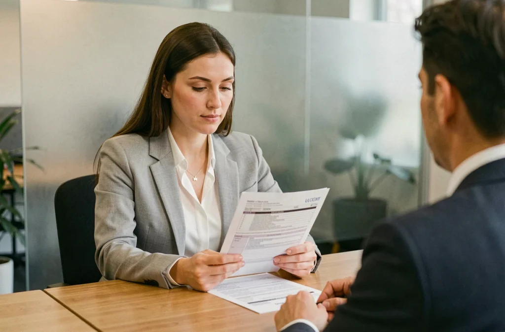 Employée lisant son contrat de mutuelle santé collective obligatoire en réunion d'entreprise