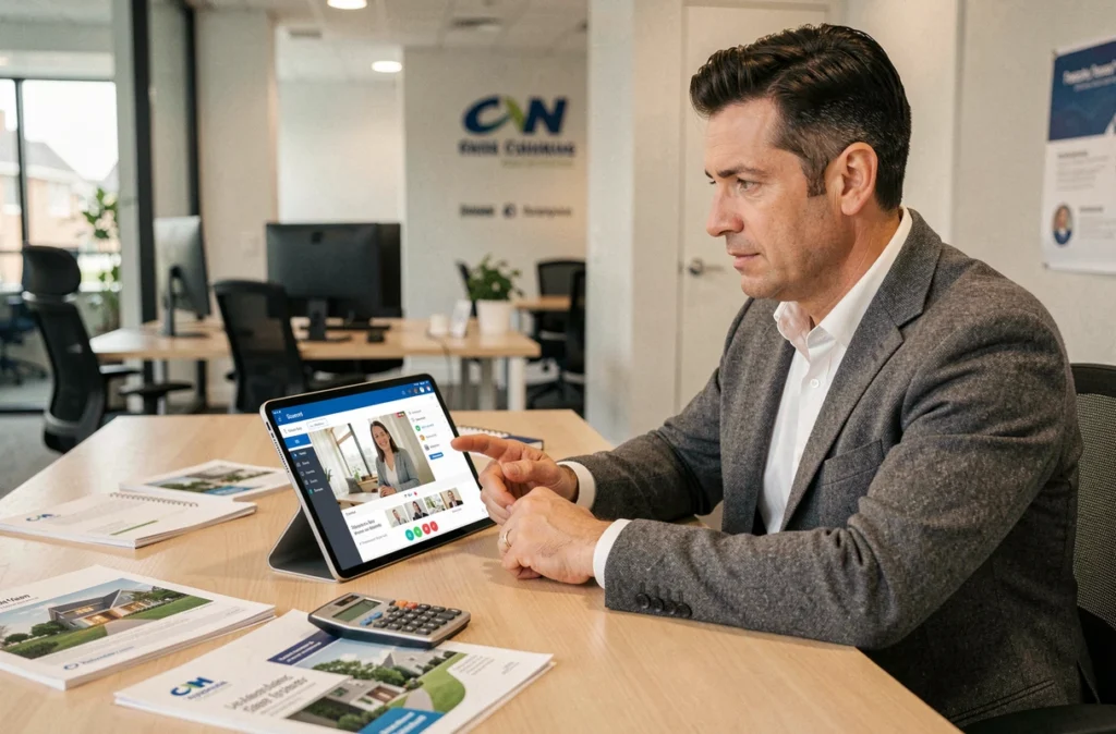Un conseiller Empruntis gérant à la fois des clients en agence et en ligne via une tablette dans un espace de travail hybride
