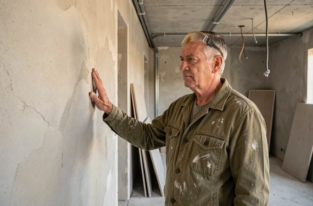 Entrepreneur général inspectant une paroi intérieure lors d'un chantier de construction couvert par la RC décennale