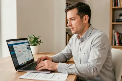 Homme utilisant un espace client en ligne pour gérer ses démarches automobiles sur un ordinateur portable
