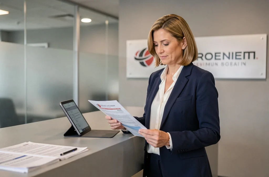 Femme consultant un espace client automobile sur tablette dans une agence professionnelle