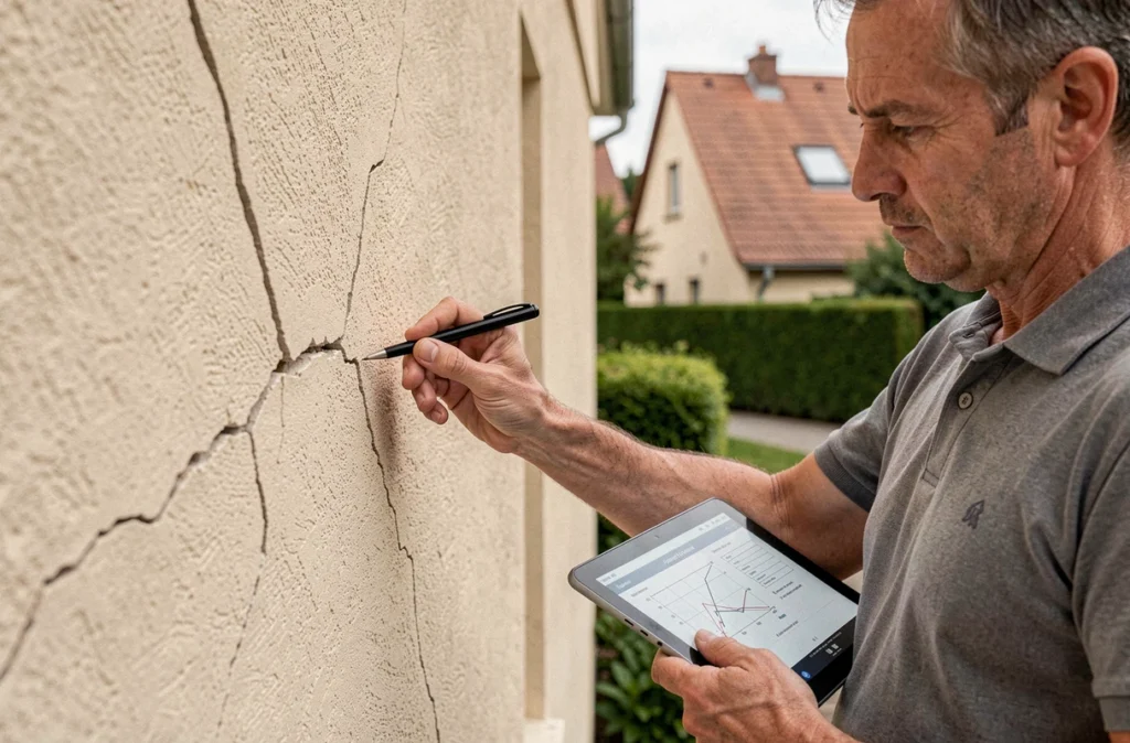 Expert en bâtiment inspectant une fissure structurelle sur une façade couverte par la garantie décennale