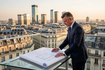 Expert immobilier consultant analysant des plans d'architecture sur une terrasse parisienne avec vue sur les toits d'Île-de-France