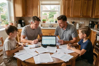 Famille de 4 personnes autour d'une table comparant des documents de mutuelle familiale