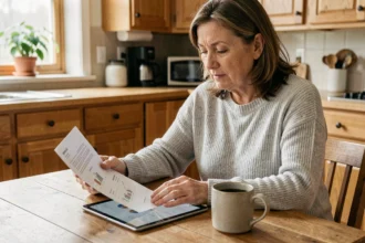 Femme consultant des documents financiers sur une SCPI à la table de sa cuisine, atmosphere chaleureuse et rassurante