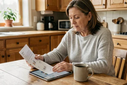 Femme consultant des documents financiers sur une SCPI à la table de sa cuisine, atmosphere chaleureuse et rassurante