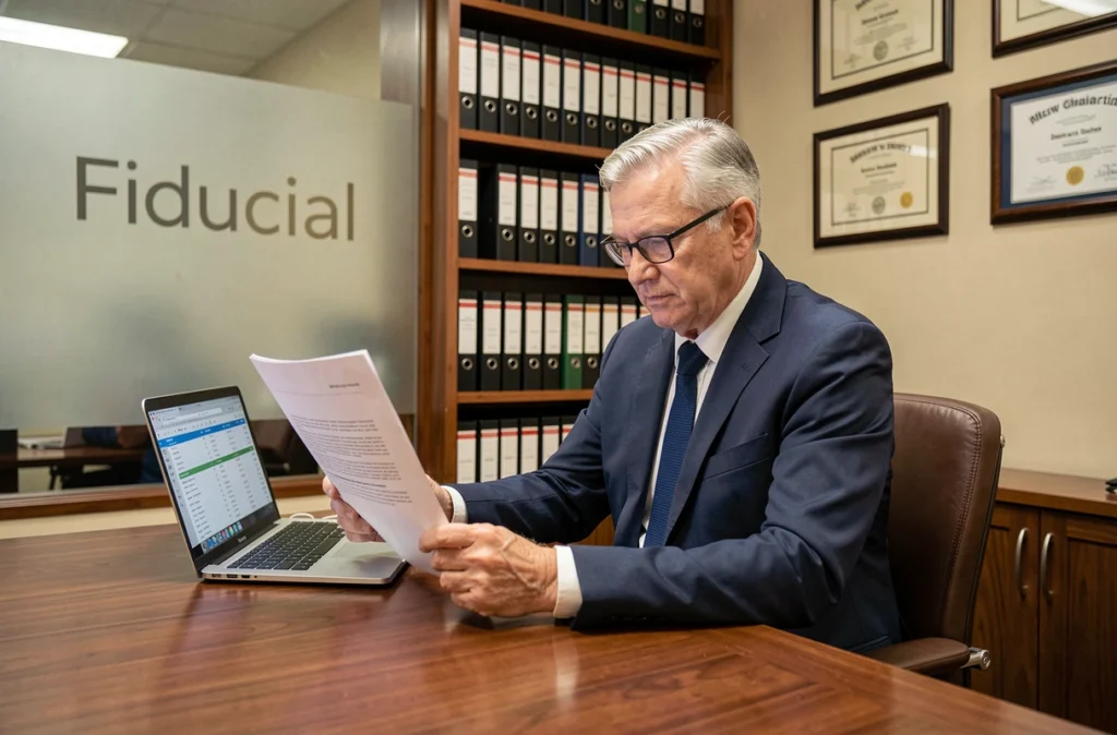 Comptable senior de Fiducial Expertise Orléans examinant un rapport financier dans un bureau professionnel