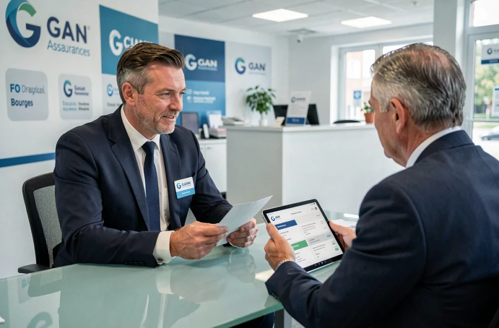 Agent général GAN Assurances à Bourges dans le Cher présentant une offre d'assurance à un client en agence