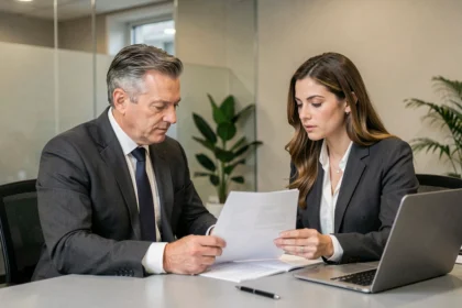Un emprunteur et une conseillère en assurance examinent un contrat de garantie PTIA dans un bureau professionnel moderne