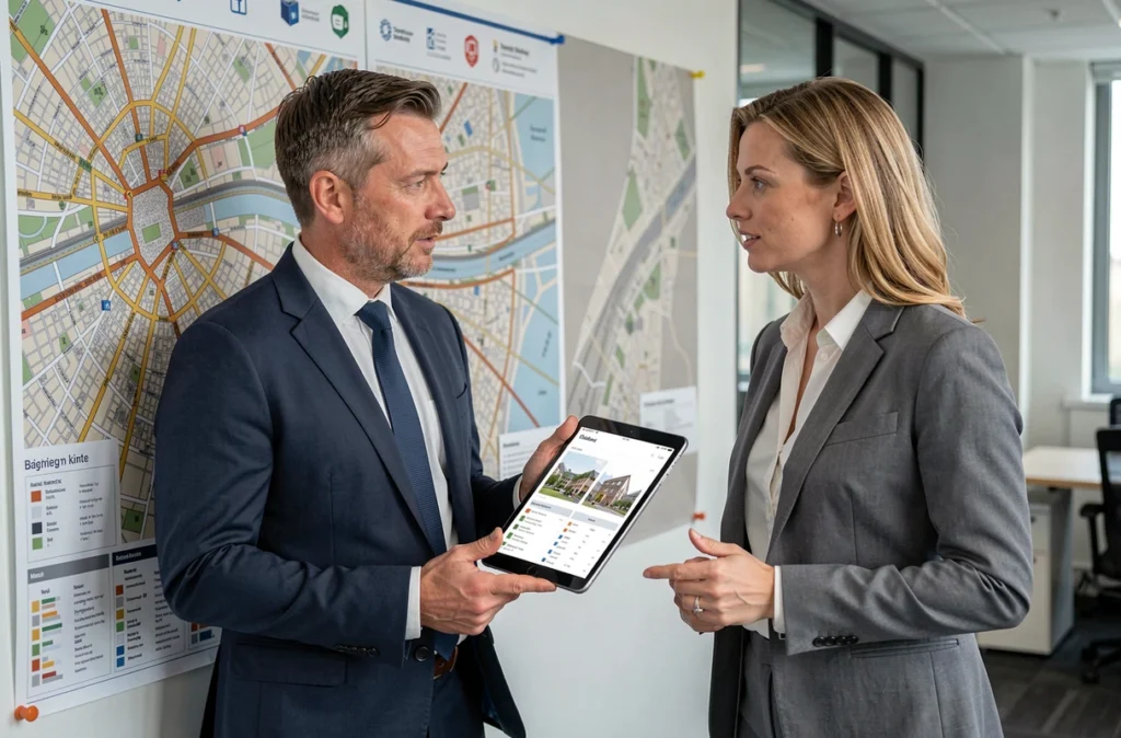 Associés du Groupe Berthier & Associés en consultation devant une carte des quartiers parisiens affichant des données immobilières