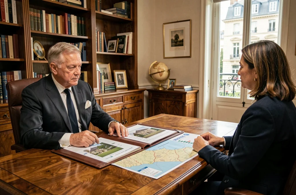 Un conseiller du Groupe Selexium présentant une stratégie de gestion de patrimoine immobilier en Bretagne dans un bureau haut de gamme