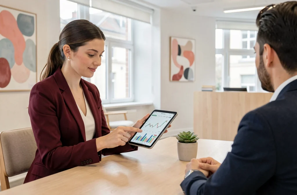 Comptable d'In Extenso Orléans présentant des analyses financières sur tablette à un chef d'entreprise