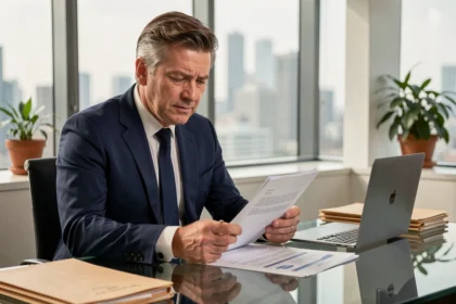 Investisseur analysant des documents financiers SCPI dans un bureau moderne avec vue sur la ville
