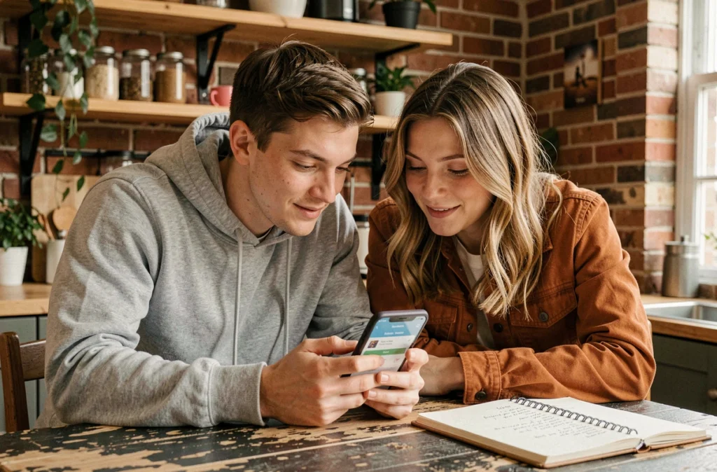 Jeune couple planifiant leur budget et gérant leurs premiers revenus avec une application mobile