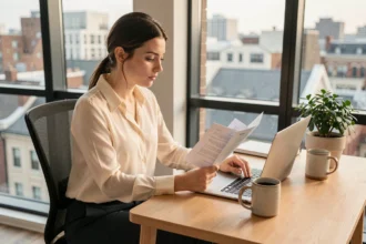 Jeune femme active gérant ses premiers revenus sur un ordinateur portable dans un appartement moderne