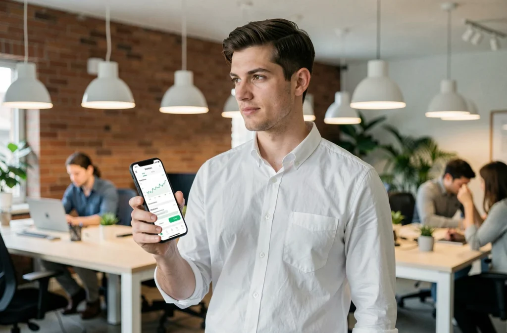 Jeune investisseur consultant une application de SCPI sur smartphone dans un espace de coworking