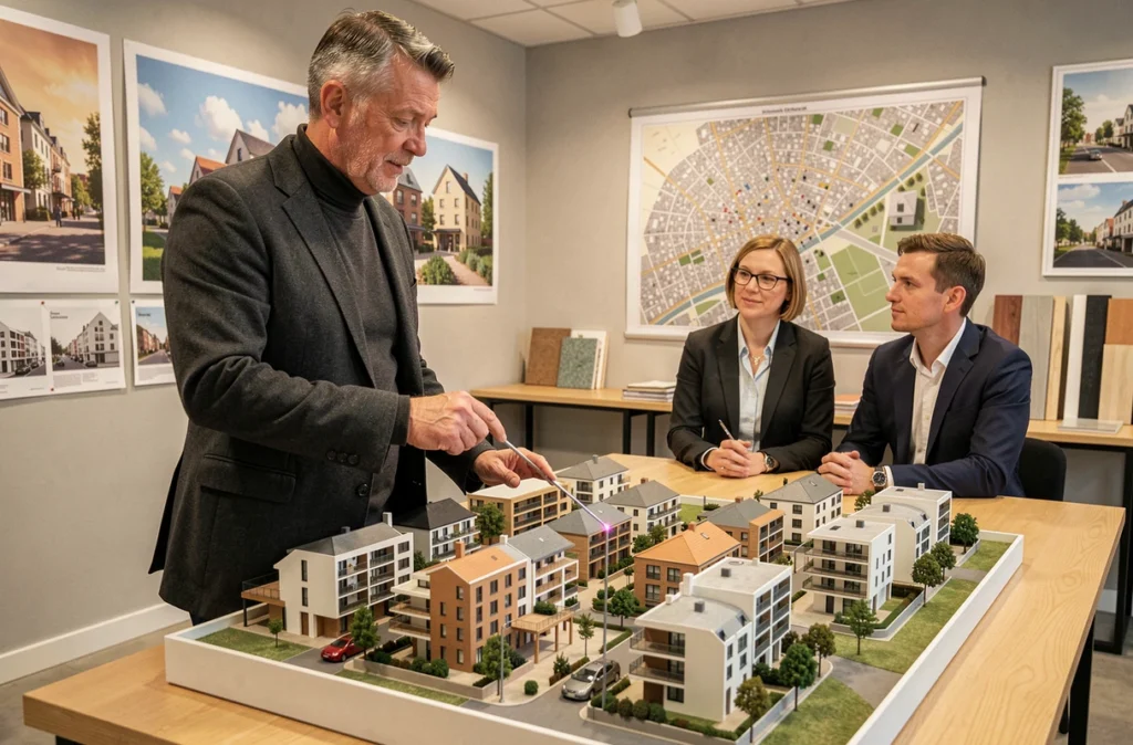 Un conseiller de Keredes Promotion Immobilière présentant un projet résidentiel à Rennes sur maquette architecturale à des clients