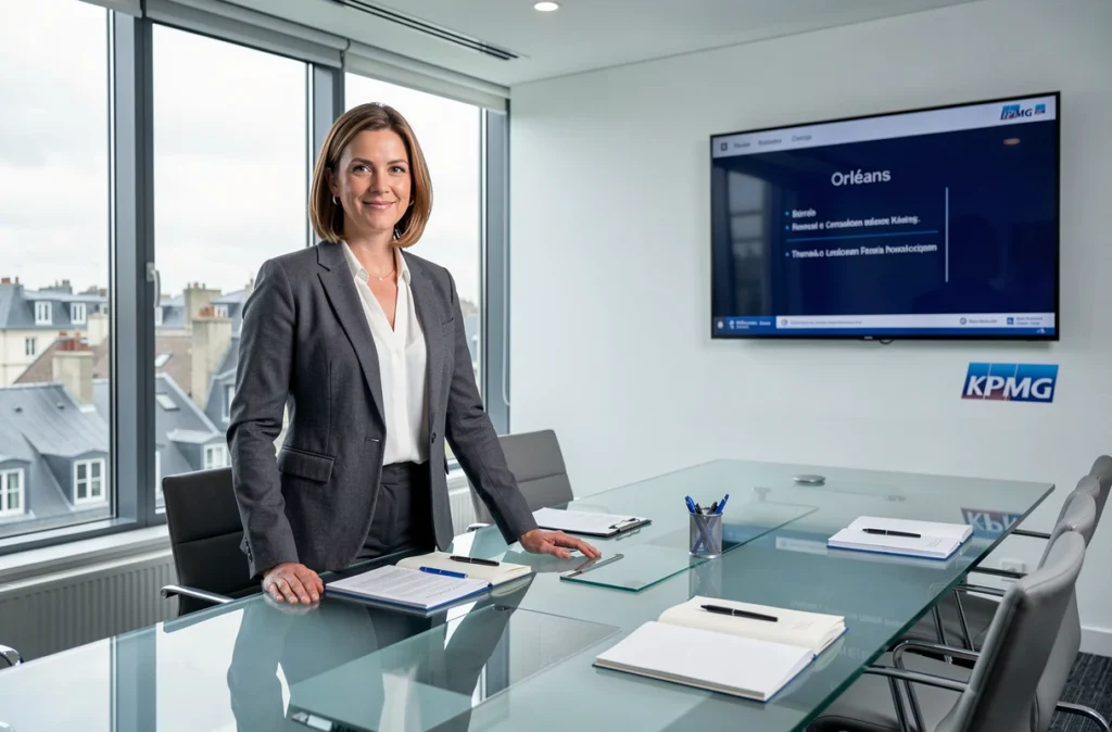 Consultante financière dans la salle de conférence moderne du cabinet KPMG Orléans