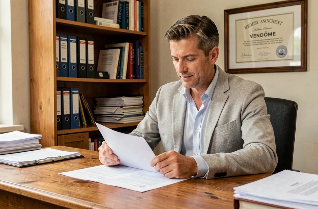Conseiller du cabinet Matthew Consulting à Verdes dans le Loir-et-Cher examinant des dossiers d'assurance à son bureau