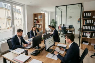 Vue d'ensemble d'un cabinet comptable moderne dans le Loiret, avec des professionnels travaillant sur des documents financiers