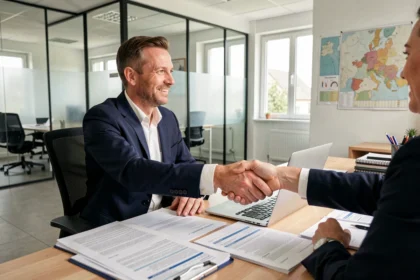 Vue d'ensemble d'un courtier en assurance en Centre-Val de Loire recevant un client dans un bureau professionnel moderne