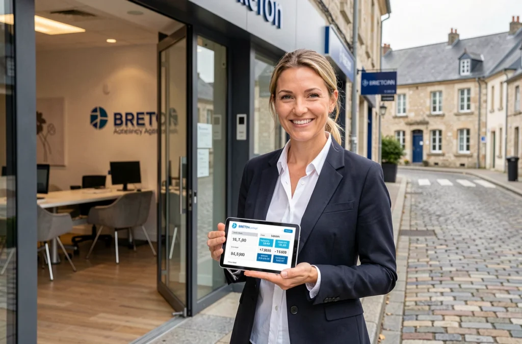Une courtière Meilleurtaux accueillant des clients à l'entrée d'une agence bretonne spécialisée en prêt immobilier