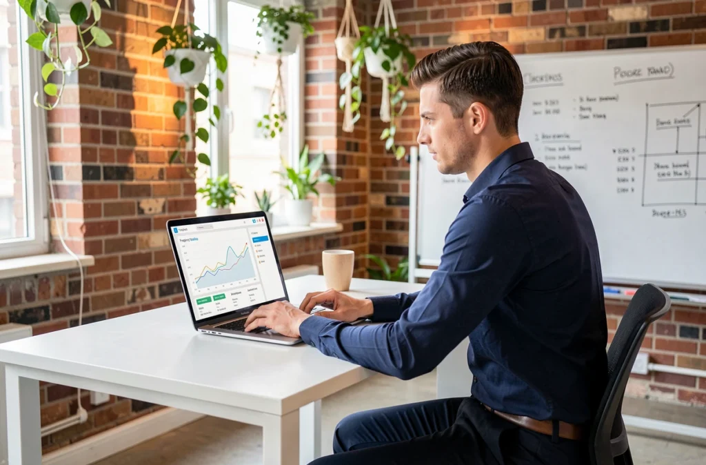 Expert de Neo Valo consultant un tableau de bord numérique d'évaluation immobilière dans un espace de travail moderne