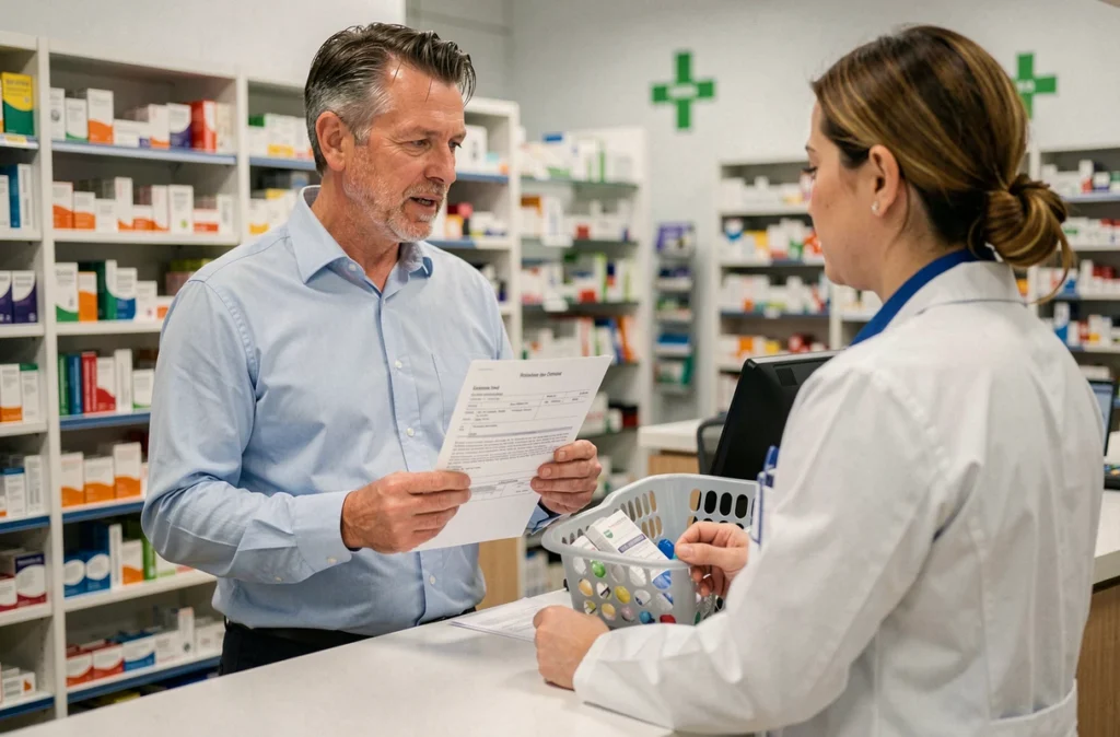 Père de famille en pharmacie tenant un document de remboursement de mutuelle santé