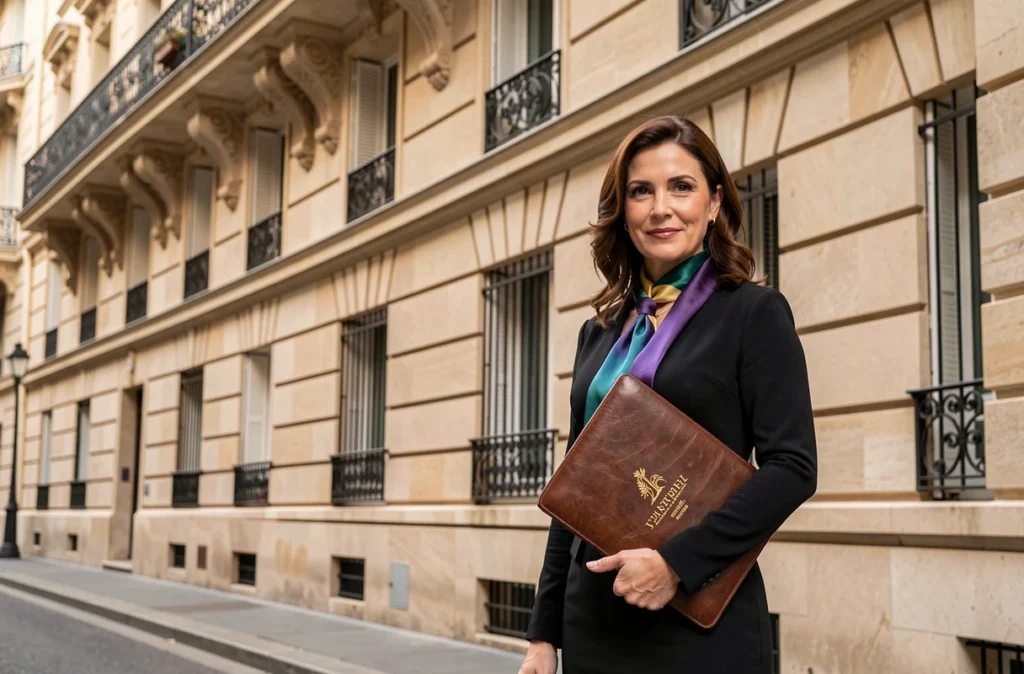 Conseillère de Prestige Investissement devant un immeuble haussmannien de luxe à Paris tenant un portfolio de cuir doré