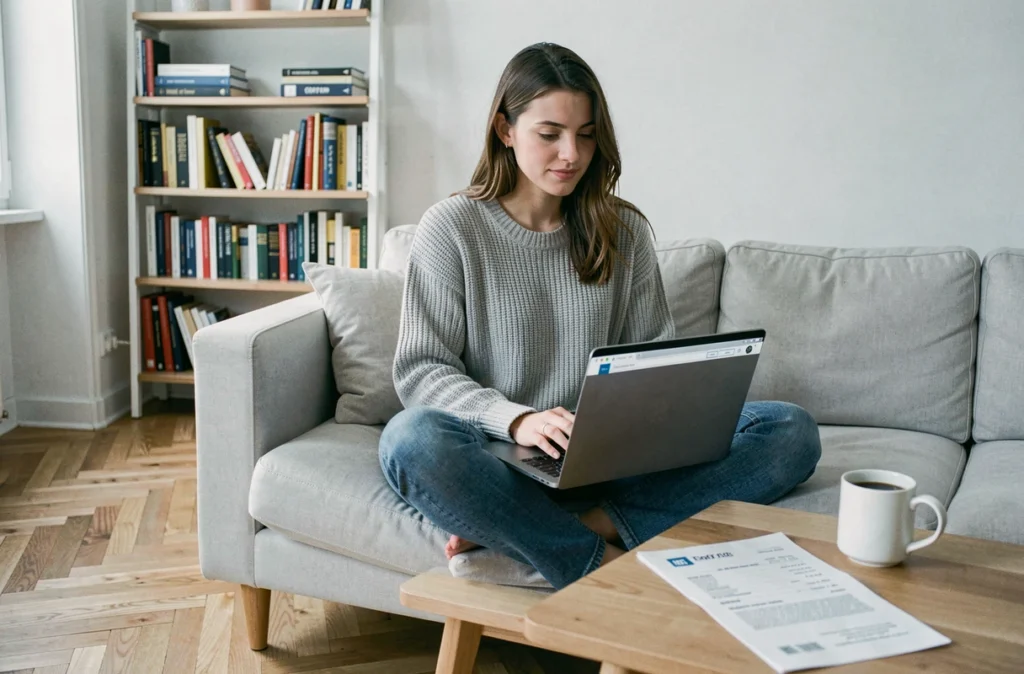Une jeune femme utilisant une plateforme de courtage immobilier 100% en ligne depuis son appartement moderne