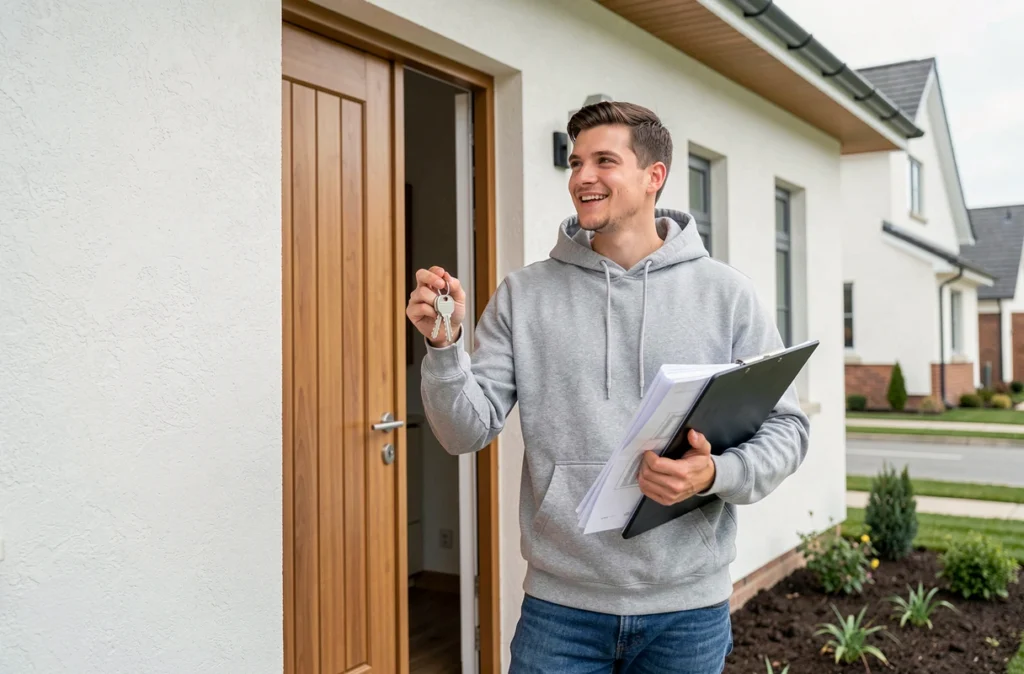 Propriétaire tenant les clés de sa maison neuve et les documents de garantie décennale