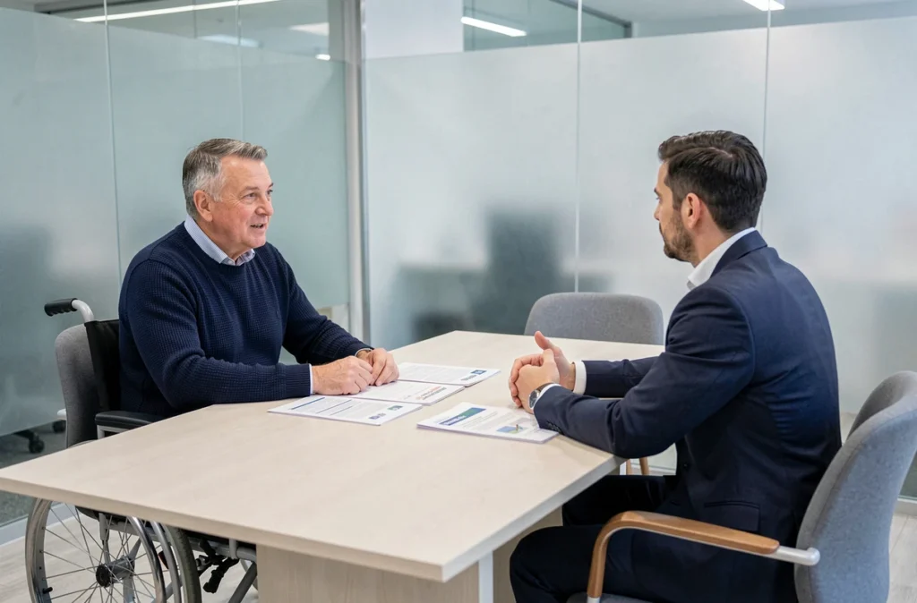 Un homme en situation de handicap discute de sa garantie PTIA avec un conseiller financier dans une agence bancaire accessible