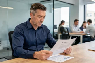 Responsable RH en entreprise consultant les documents de mutuelle obligatoire à son bureau