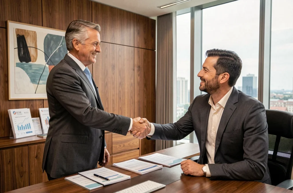Associé de RSM Orléans concluant un accord avec un client dans un bureau élégant de niveau international