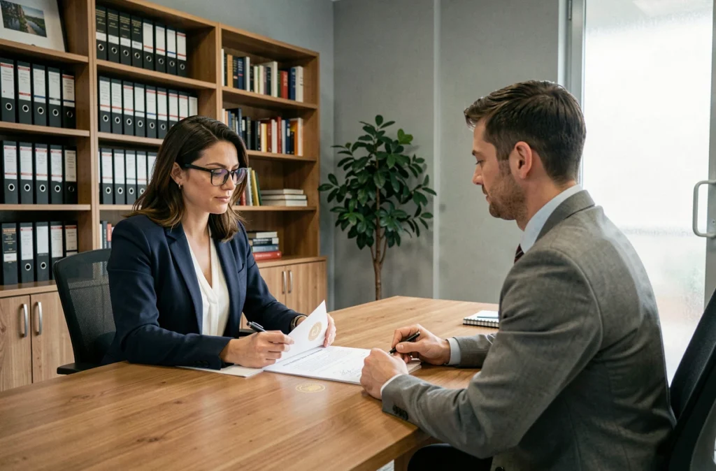 Architecte et client signant un contrat incluant une garantie décennale dans un bureau professionnel