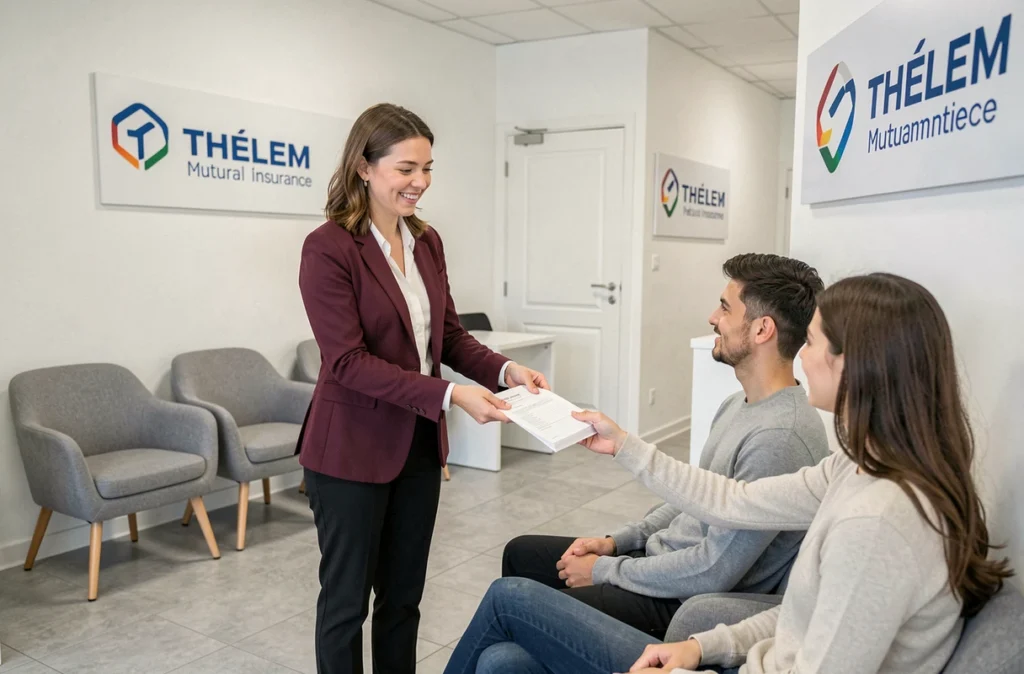 Conseillère de Thélem Assurances à Orléans dans le Loiret remettant des documents d'assurance à un couple de clients