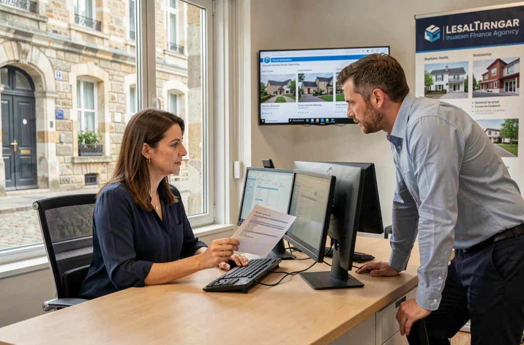 Une conseillère VousFinancer à Rennes présentant une simulation de crédit immobilier à un client dans une agence avec vue sur la ville