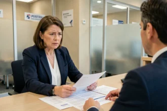 Femme préoccupée discutant avec un conseiller bancaire à la banque postale lors d'une clôture de compte forcée