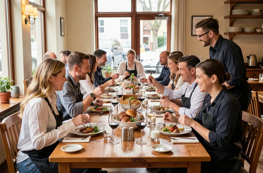 Équipe d'un restaurant partageant un repas avant le service